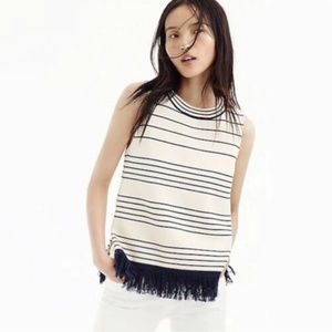 J. Crew Stripe Sleeveless Sweater Fringe Trim Navy Cream Tan